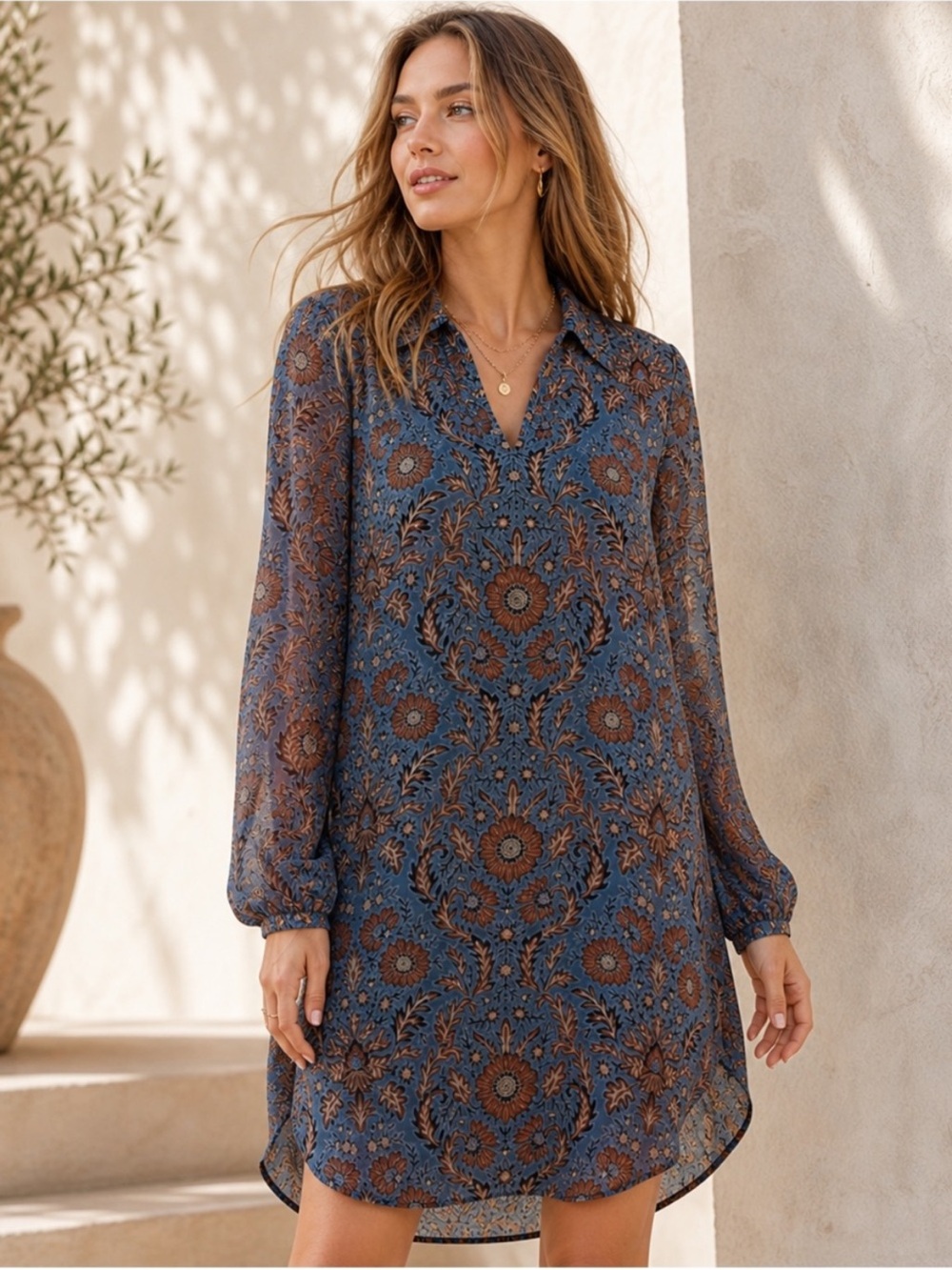 Cabi Blue Brown V-neck Gauzy Provincial Tunic Dress Style 3295 Size Medium